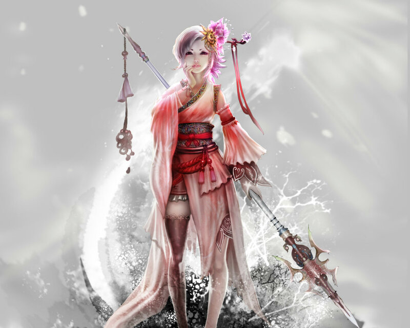 Female Warrior with Spear — Pink, Dramatic, Digital Art