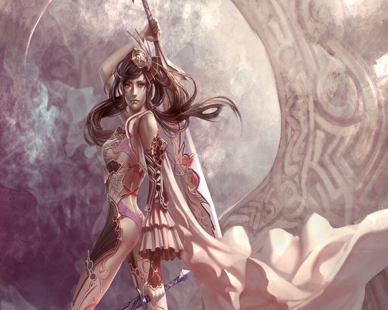 Female Warrior with Spear — Pink, Dramatic
