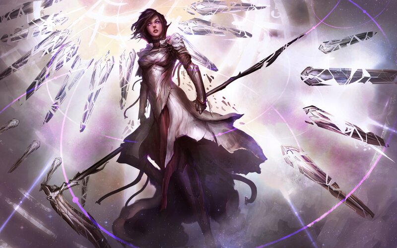 Female Warrior with Spear — Purple, Dramatic, Digital Art, Shards