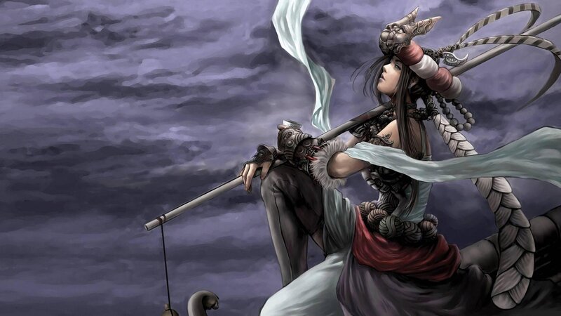 Female Warrior with Spear — Purple, Dramatic, Digital Art