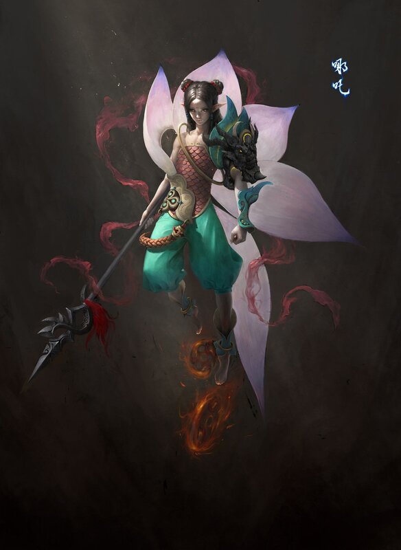 Female Warrior with Spear — Purple, Dramatic, Digital Art, Wings