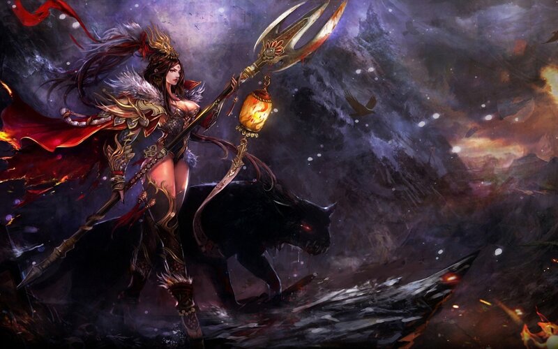Female Warrior with Spear — Purple, Dramatic, Night, Digital Art, Black Wolf, Cape