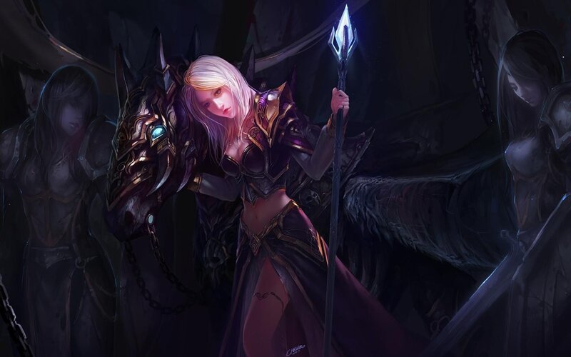 Female Warrior with Spear — Purple, Dramatic, Night, Digital Art, Horse