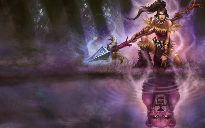 Female Warrior with Spear — Purple, Dramatic, Night, Digital Art, Reflection, Forest