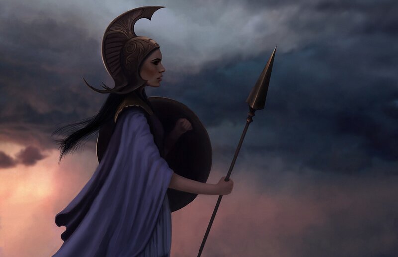 Female Warrior with Spear — Purple, Dramatic, Sunset, Digital Art, Helmet