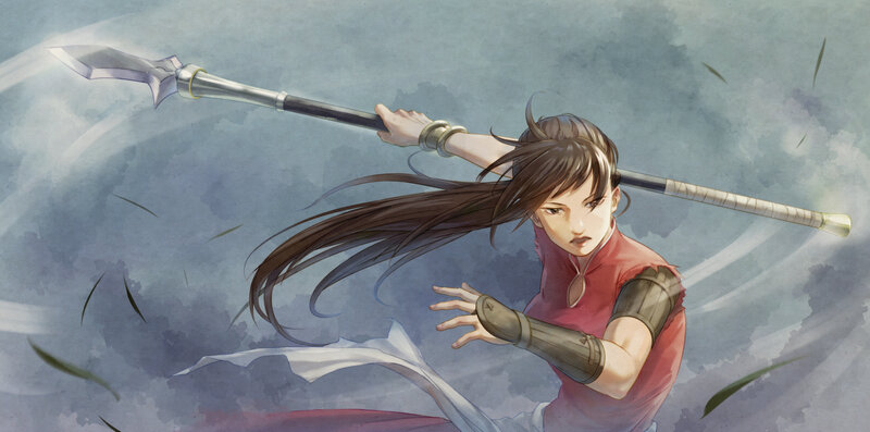 Female Warrior with Spear — Red, Dramatic, Digital Art, Arm Guard