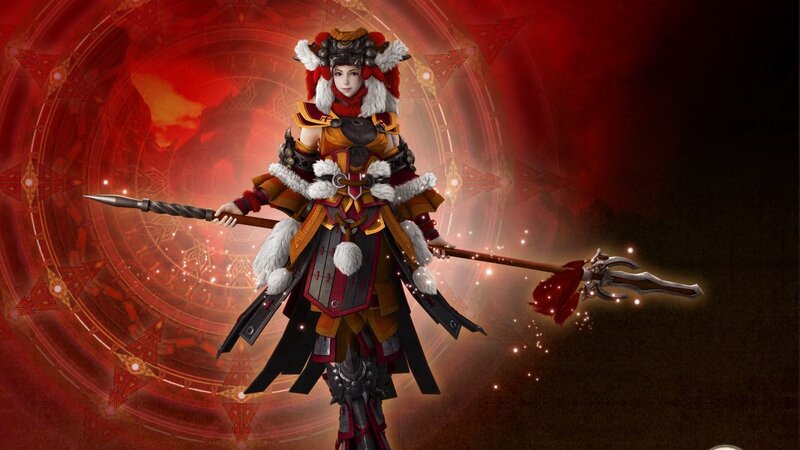 Female Warrior with Spear — Red, Dramatic, Digital Art, Armor, Frost