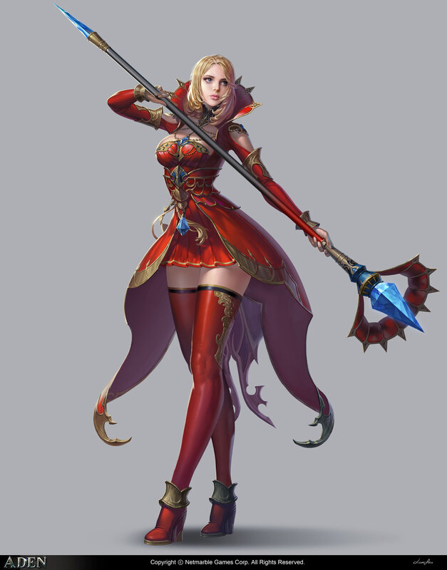 Female Warrior with Spear — Red, Dramatic, Digital Art, Red Armor