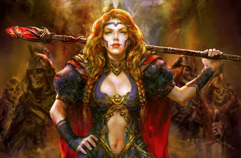 Female Warrior with Spear — Red, Dramatic, Digital Art, Skeletons