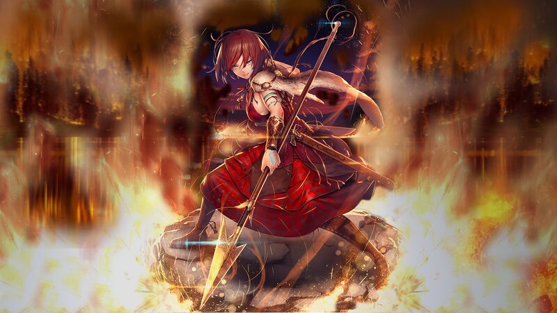 Female Warrior with Spear — Red, Dramatic, Night, Digital Art