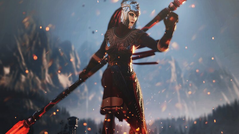 Female Warrior with Spear — Red, Dramatic, Sunset, Digital Art, Mountains