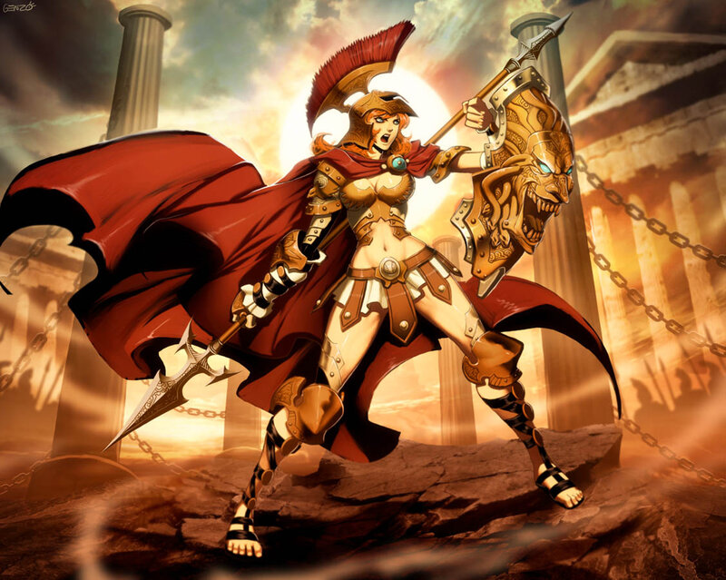 Female Warrior with Spear — Red, Dramatic, Sunset, Digital Art