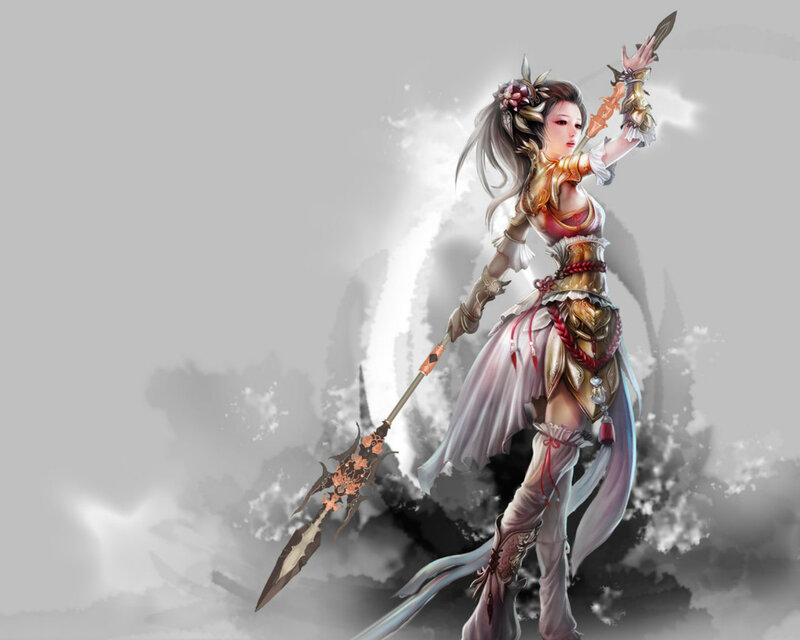 Female Warrior with Spear — White, Dramatic, Digital Art, Armor