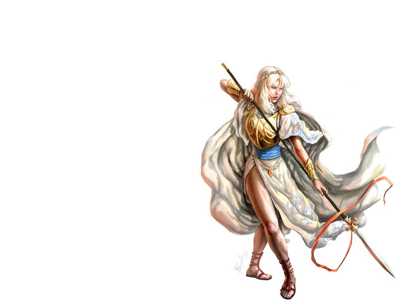 Female Warrior with Spear — White, Dramatic, Digital Art, Cloak
