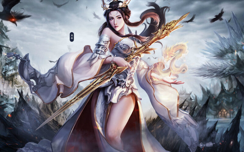 Female Warrior with Spear — White, Dramatic, Digital Art, Dragon