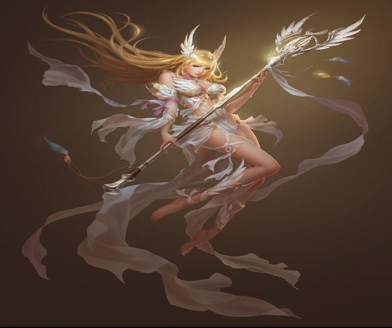Female Warrior with Spear — White, Dramatic, Digital Art, Feather
