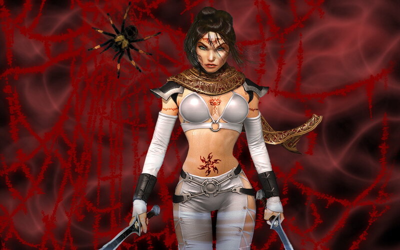 female warrior with spiders