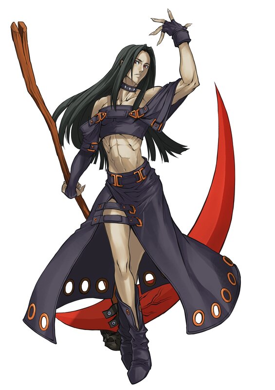 female warrior with staff and scythe