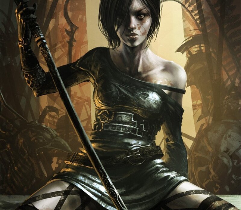 Female Warrior with Staff — Black, Dramatic, Digital Art, Armor, Forest