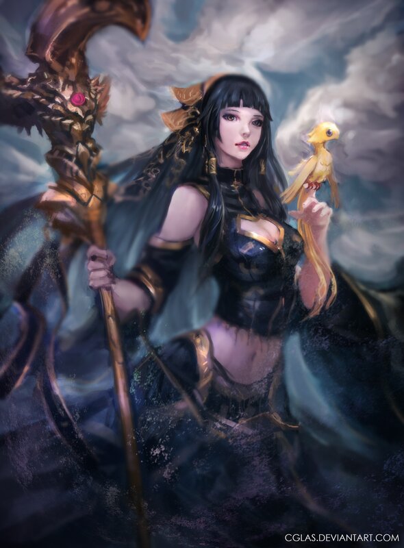 Female Warrior with Staff — Black, Dramatic, Digital Art, Bird