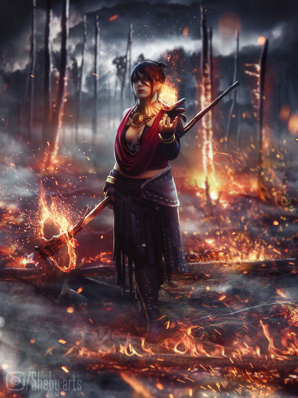 Female Warrior with Staff — Black, Dramatic, Night, Digital Art, Fire
