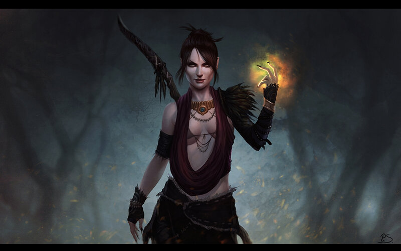 Female Warrior with Staff — Black, Dramatic, Night