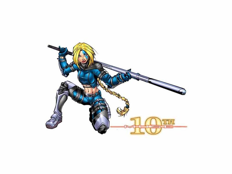 Female Warrior with Staff — Blue, Action