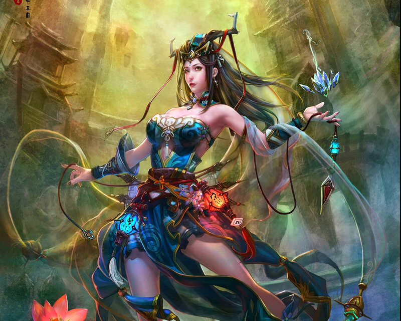 Female Warrior with Staff — Blue, Dramatic, Digital Art, Ancient Buildings