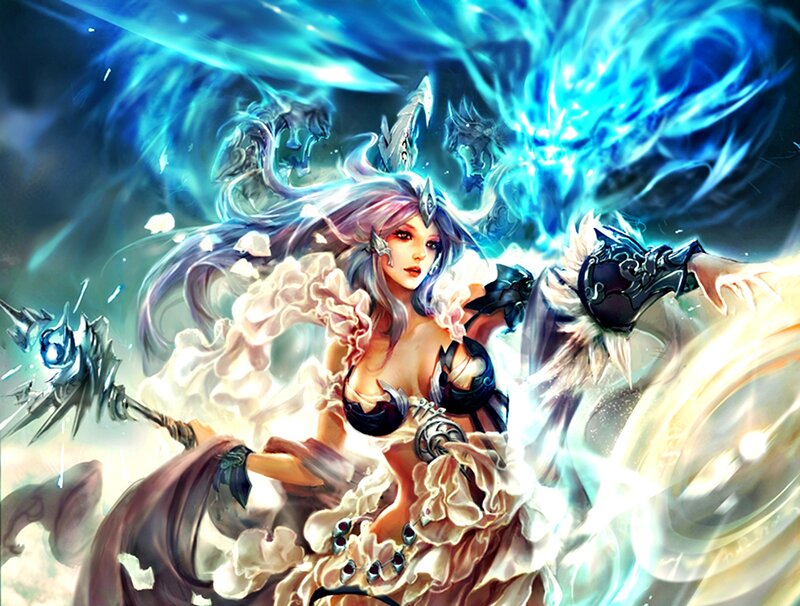 Female Warrior with Staff — Blue, Dramatic, Digital Art, Armor, Energy