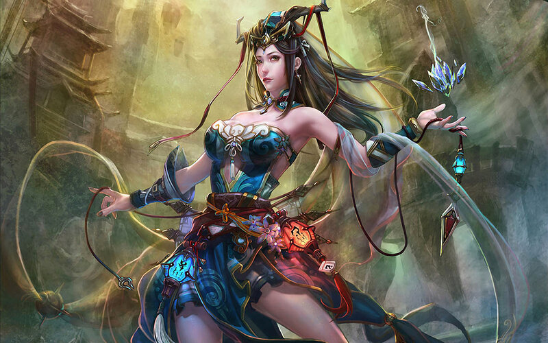 Female Warrior with Staff — Blue, Dramatic, Digital Art, Lanterns