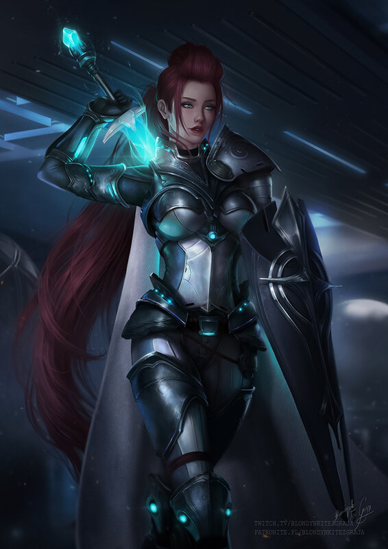 Female Warrior with Staff — Blue, Dramatic, Night, Digital Art, Shield