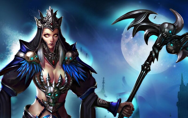 Female Warrior with Staff — Blue, Dramatic, Night, Digital Art, Skull Armor
