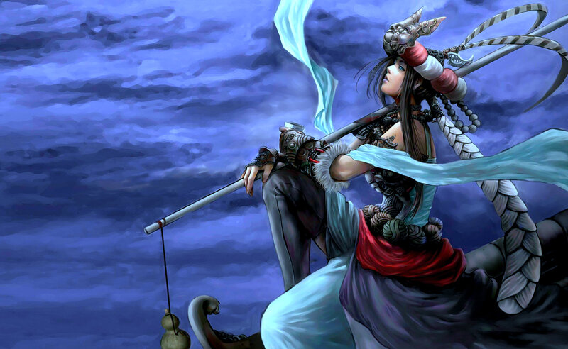 Female Warrior with Staff — Blue, Dramatic, Night, Digital Art, Sword
