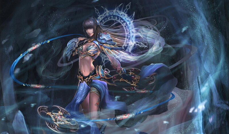 Female Warrior with Staff — Blue, Dramatic, Night, Digital Art