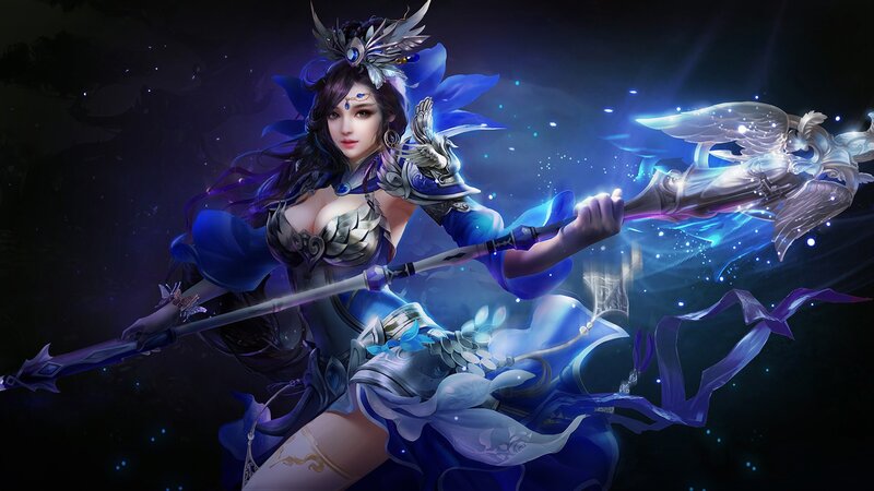 Female Warrior with Staff — Blue, Dramatic, Night, Digital Art, Wings