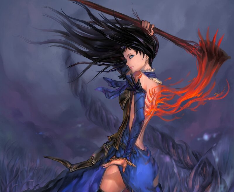 Female Warrior with Staff — Blue, Dramatic, Night