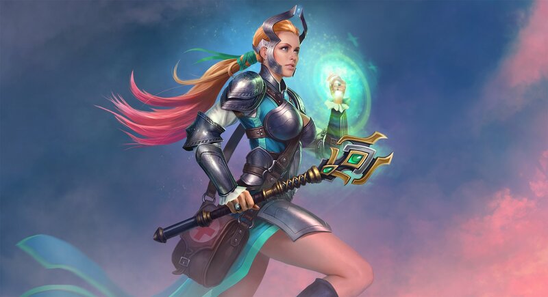 Female Warrior with Staff — Blue, Dramatic, Sunset, Digital Art, Armor, Magic
