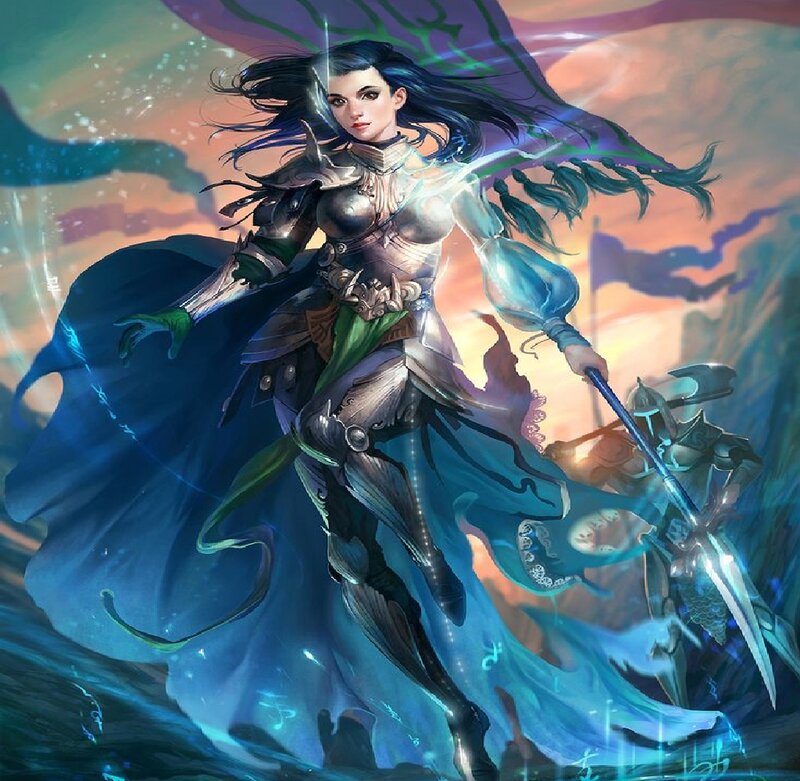 Female Warrior with Staff — Blue, Dramatic, Sunset, Digital Art, Armor
