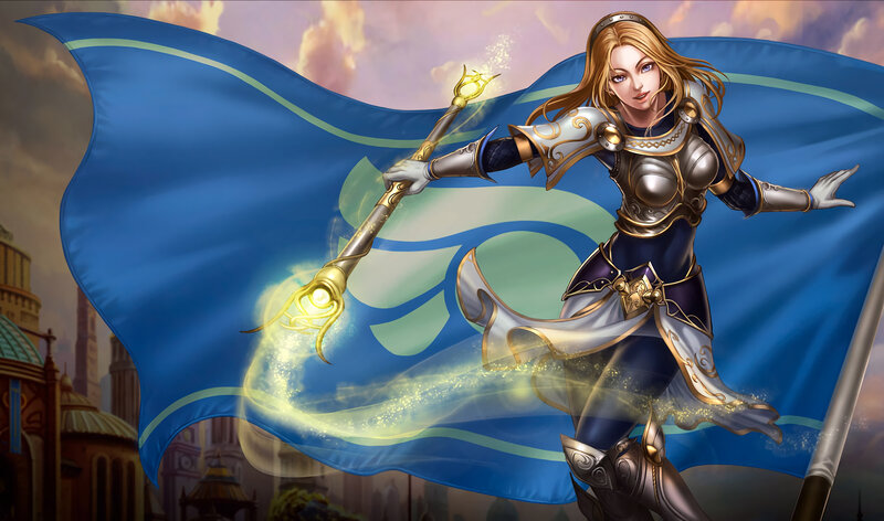 Female Warrior with Staff — Blue, Dramatic, Sunset, Digital Art, Flag, Armor