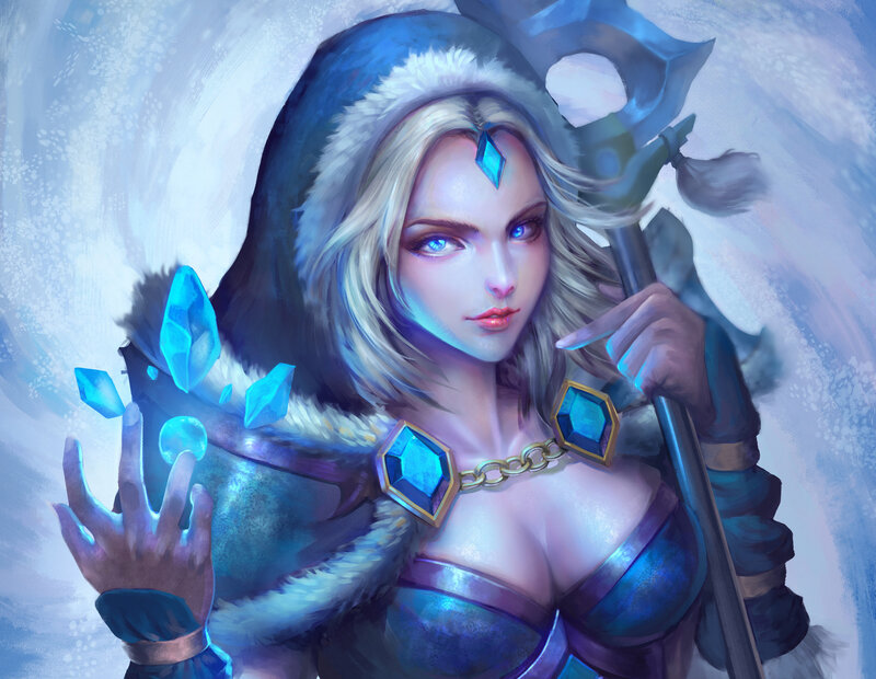 Female Warrior with Staff — Blue, Dramatic, Winter, Digital Art, Crystals