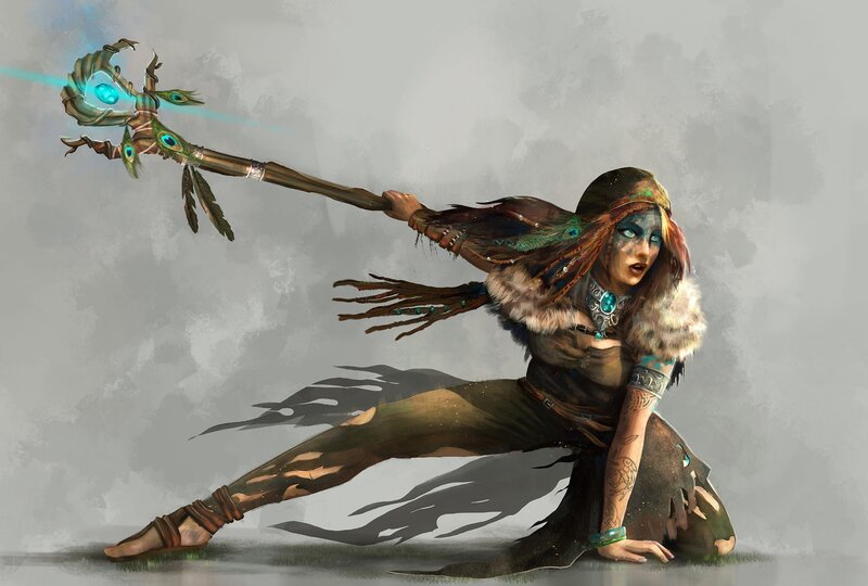 Female Warrior with Staff — Brown, Dramatic, Digital Art, Feathers, Tattoos