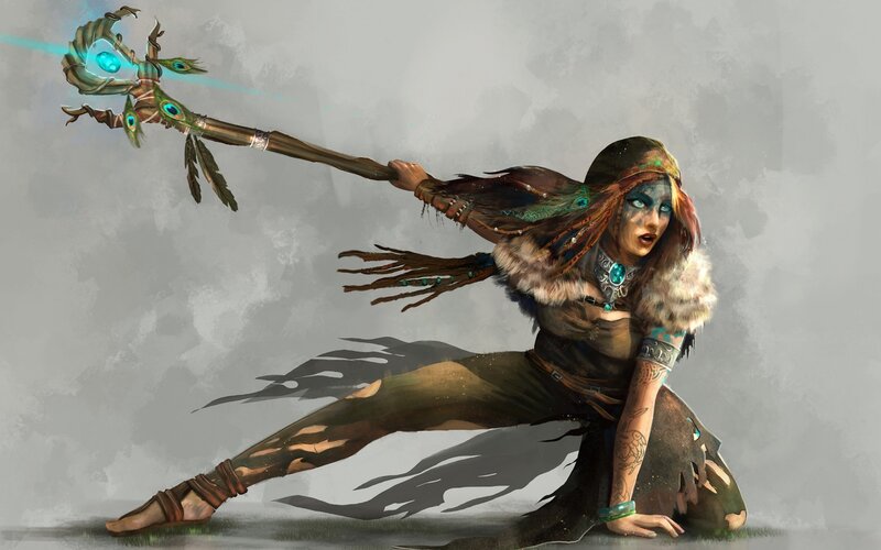 Female Warrior with Staff — Brown, Dramatic, Digital Art, Feathers
