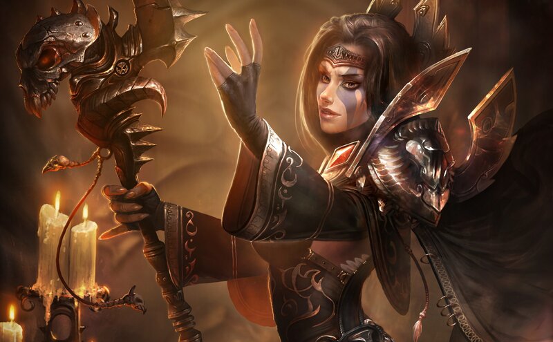 Female Warrior with Staff — Brown, Dramatic, Night, Digital Art, Candles, Armor