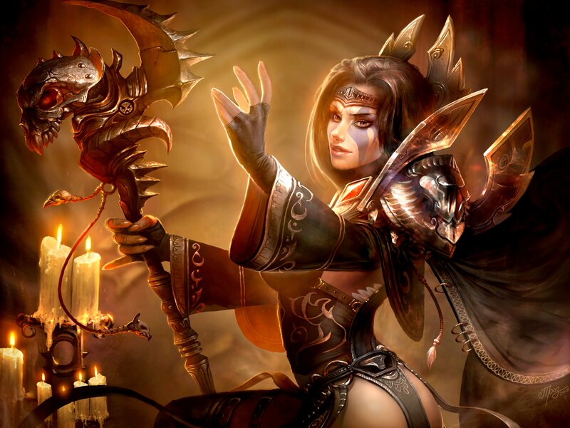 Female Warrior with Staff — Brown, Dramatic, Night, Digital Art