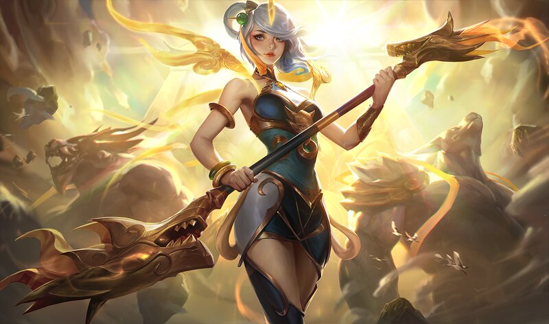 Female Warrior with Staff — Gold, Dramatic, Digital Art, Dragon