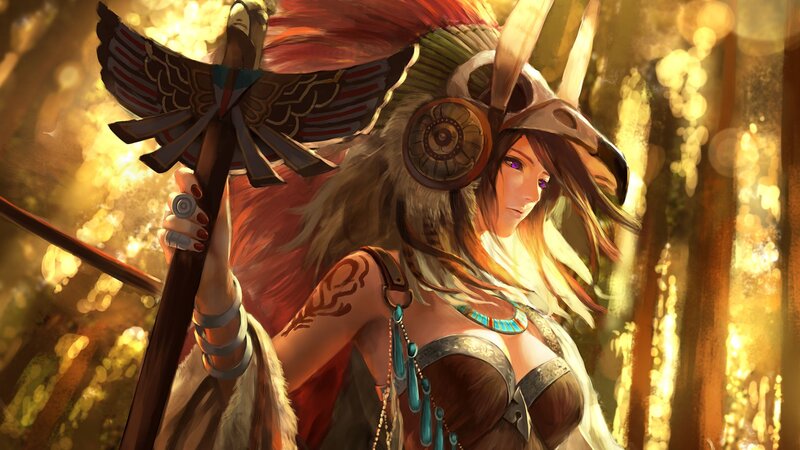 Female Warrior with Staff — Gold, Dramatic, Digital Art, Feathered Headdress
