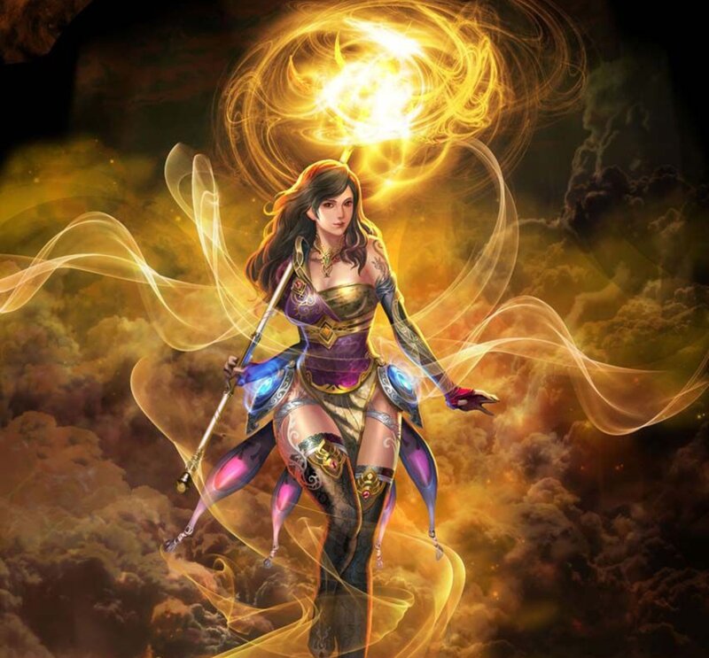 Female Warrior with Staff — Gold, Dramatic, Digital Art, Magic