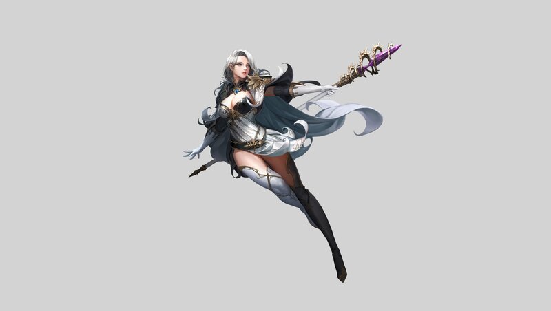 Female Warrior with Staff — Gray, Dramatic, Digital Art