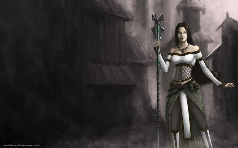 Female Warrior with Staff — Gray, Dramatic, Night