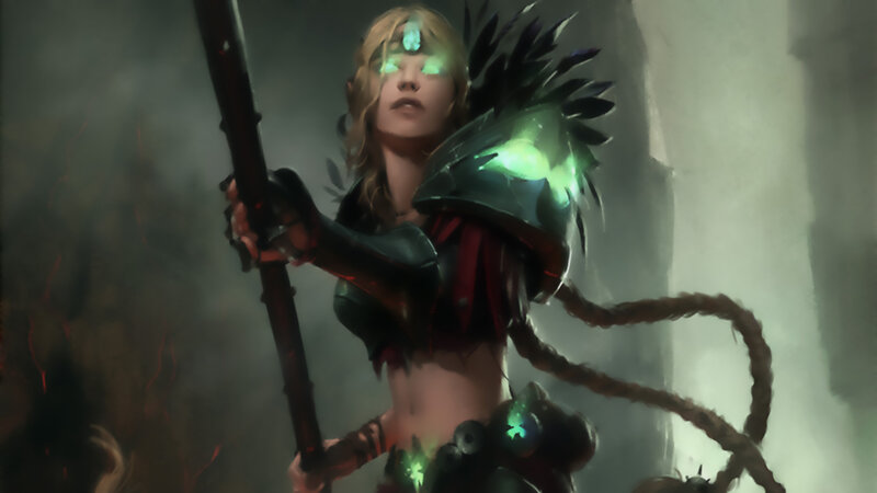 Female Warrior with Staff — Green, Dramatic, Digital Art, Glowing Eyes
